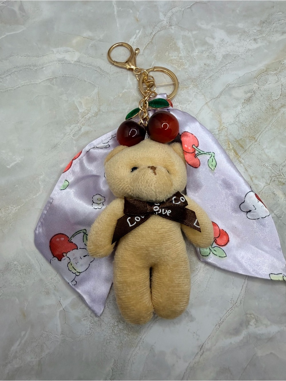 Plush Bear Keychain with Cherry Charm and Lavender Scarf - Cute Kids Accessory